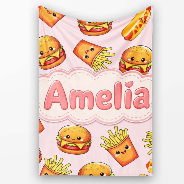 Cute Kawaii Burger Fries Hotdog Fast Food Soft Pink Background  Personalised Custom Name Super Soft Fleece Blanket Bed Sofa Throw