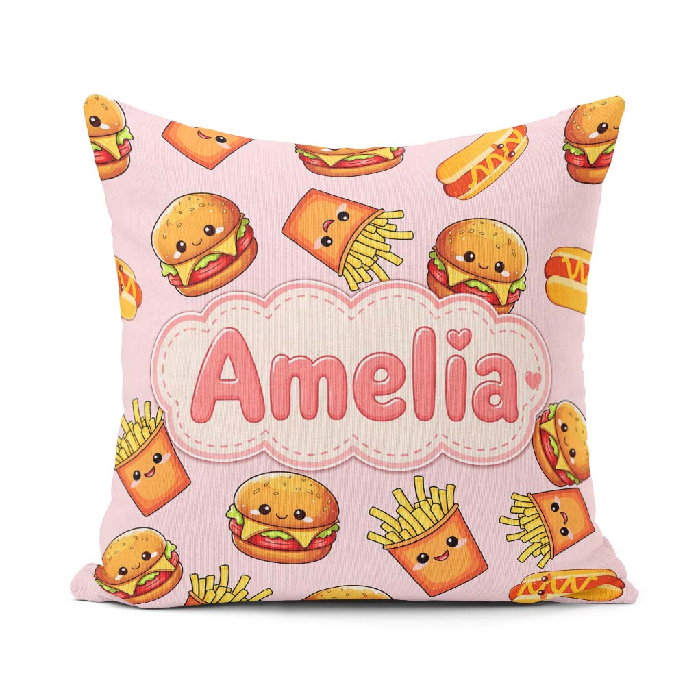 Custom Name Cute Kawaii Burger Fries Hotdog Fast Food Soft Pink Square Filled Cushion Throw Pillow Sofa Bed Home Decor Zip Washable UK Made