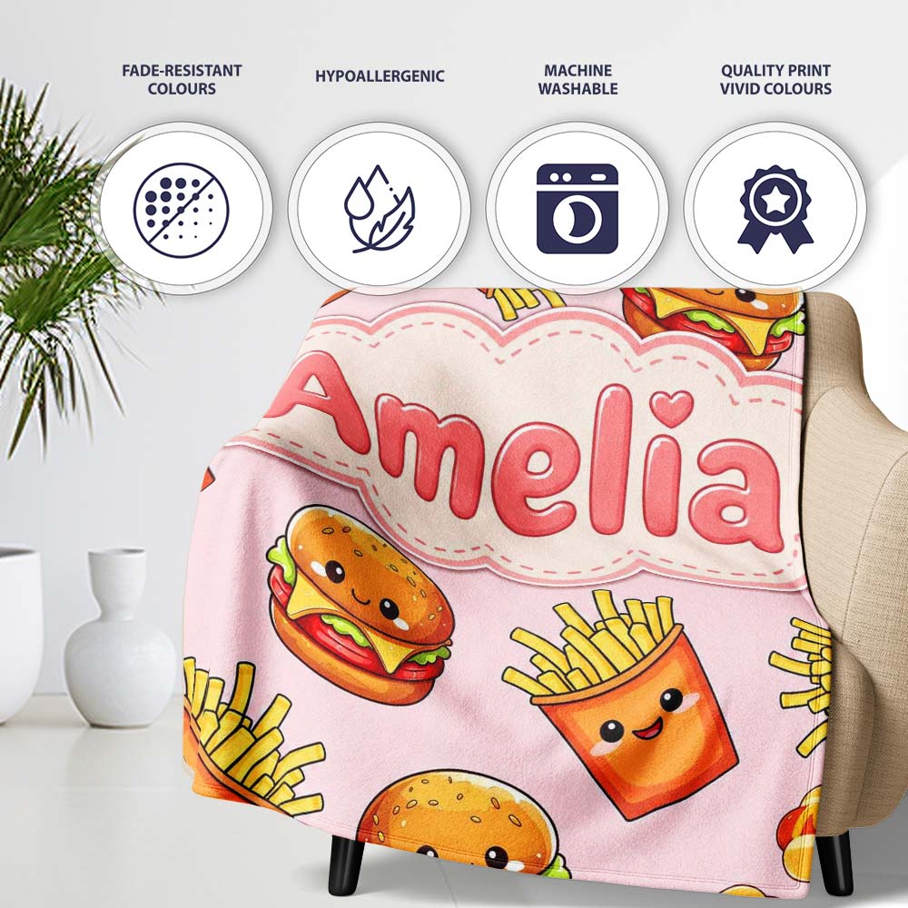 Cute Kawaii Burger Fries Hotdog Fast Food Soft Pink Background  Personalised Custom Name Super Soft Fleece Blanket Bed Sofa Throw