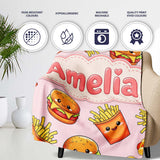Cute Kawaii Burger Fries Hotdog Fast Food Soft Pink Background  Personalised Custom Name Super Soft Fleece Blanket Bed Sofa Throw