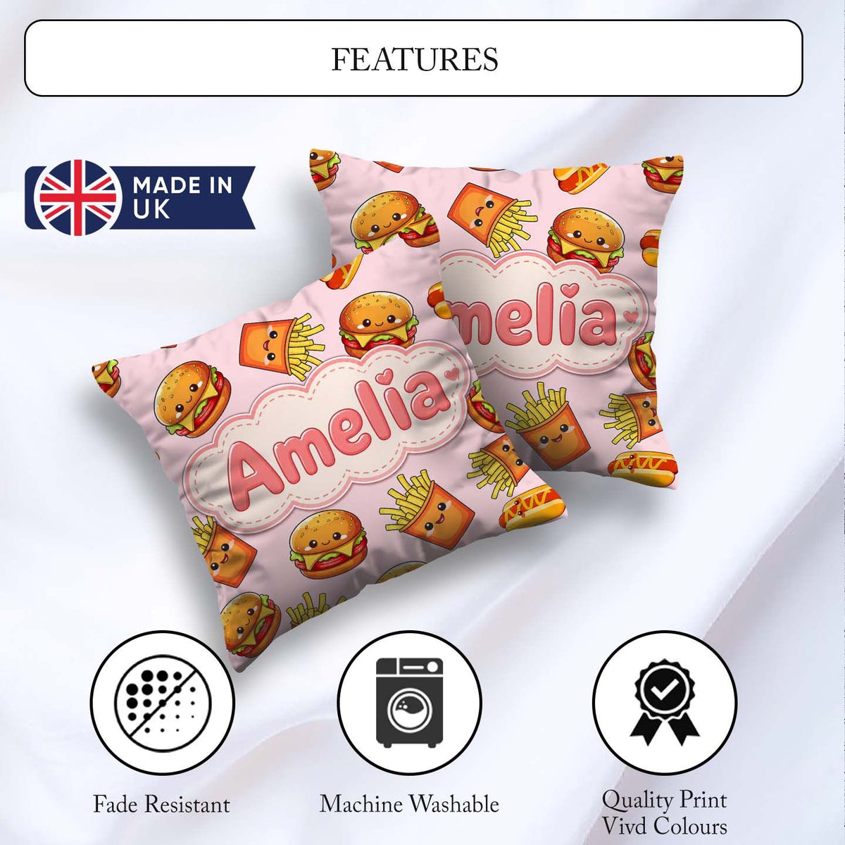 Custom Name Cute Kawaii Burger Fries Hotdog Fast Food Soft Pink Square Filled Cushion Throw Pillow Sofa Bed Home Decor Zip Washable UK Made