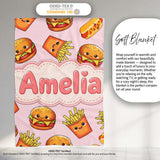 Cute Kawaii Burger Fries Hotdog Fast Food Soft Pink Background  Personalised Custom Name Super Soft Fleece Blanket Bed Sofa Throw