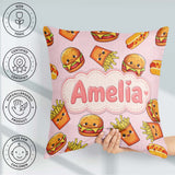 Custom Name Cute Kawaii Burger Fries Hotdog Fast Food Soft Pink Square Filled Cushion Throw Pillow Sofa Bed Home Decor Zip Washable UK Made