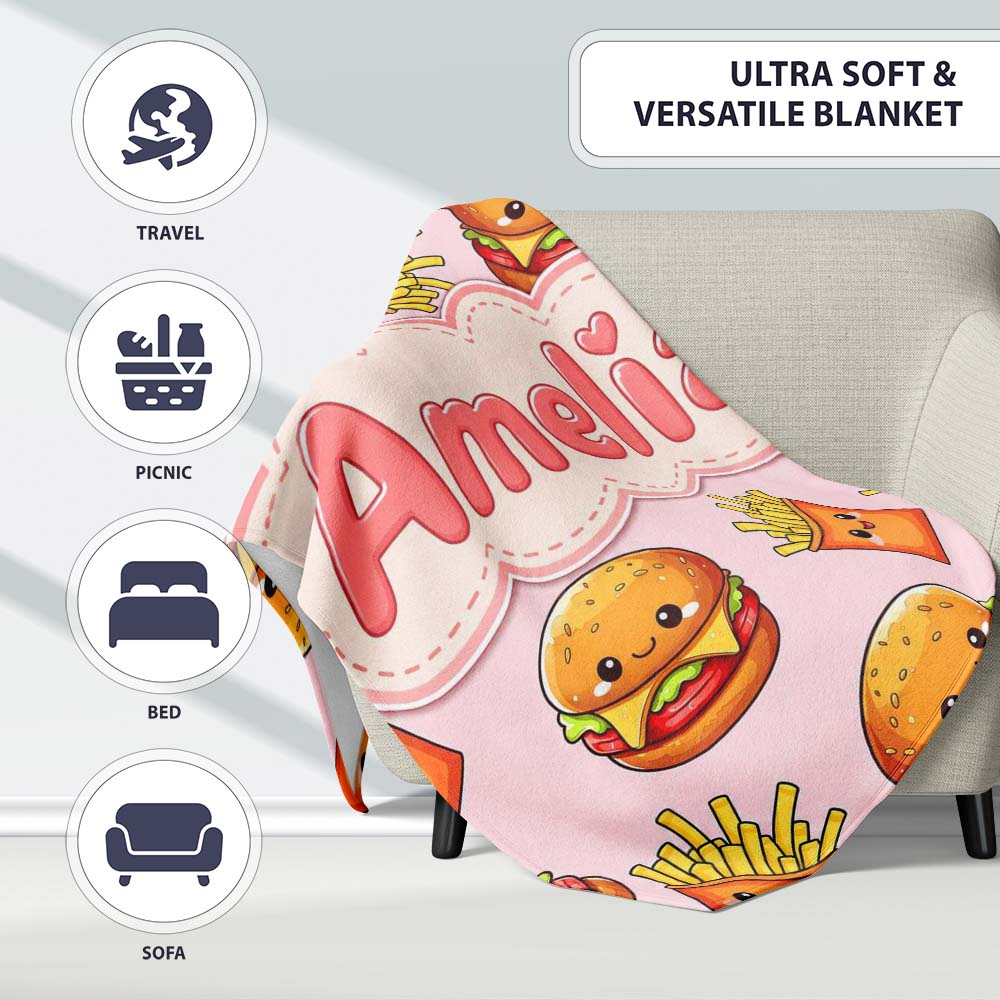 Cute Kawaii Burger Fries Hotdog Fast Food Soft Pink Background  Personalised Custom Name Super Soft Fleece Blanket Bed Sofa Throw