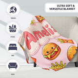 Cute Kawaii Burger Fries Hotdog Fast Food Soft Pink Background  Personalised Custom Name Super Soft Fleece Blanket Bed Sofa Throw