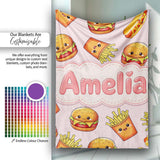 Cute Kawaii Burger Fries Hotdog Fast Food Soft Pink Background  Personalised Custom Name Super Soft Fleece Blanket Bed Sofa Throw