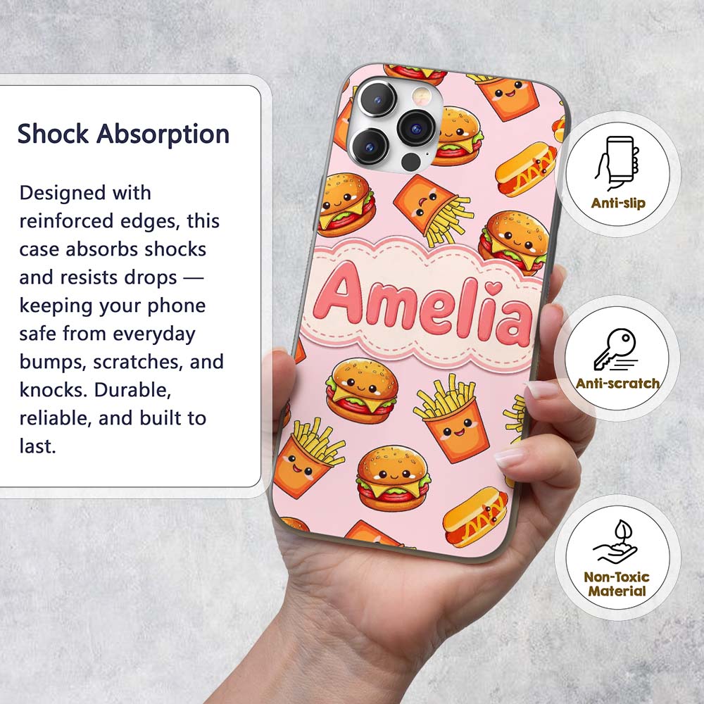 Cute Kawaii Burger Fries Hotdog Fast Food Soft Custom Name Protective Phone Case Mobile Cover Durable Everyday Smartphone Shock Resistant