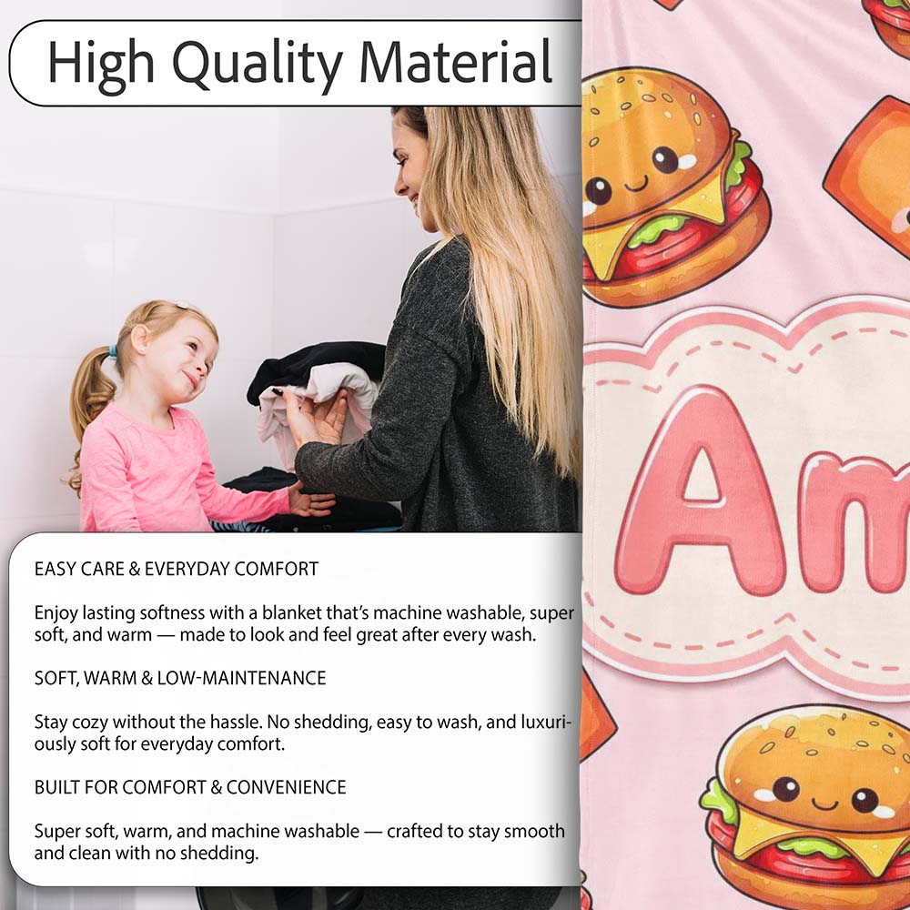 Cute Kawaii Burger Fries Hotdog Fast Food Soft Pink Background  Personalised Custom Name Super Soft Fleece Blanket Bed Sofa Throw