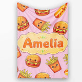 Kawaii Burger Fries Hotdog Fast Food Blush Pink Seamless Pattern  Personalised Custom Name Super Soft Fleece Blanket Bed Sofa Throw