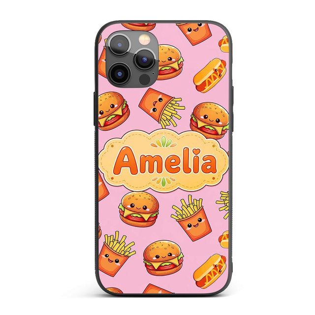 Kawaii Burger Fries Hotdog Fast Food Blush Pink Custom Name Protective Phone Case Mobile Cover Durable Everyday Smartphone Shock Resistant