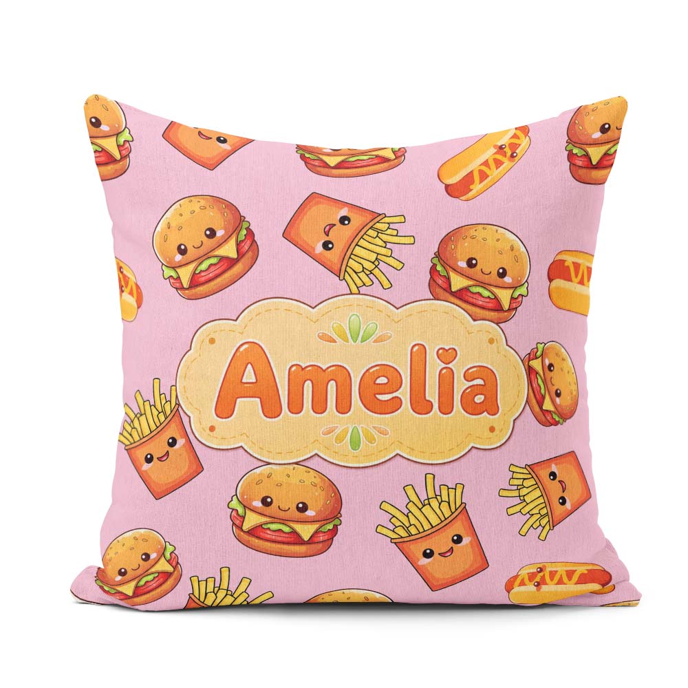 Custom Name Kawaii Burger Fries Fast Food Blush Seamless Pattern Square Filled Cushion Throw Pillow Sofa Bed Home Decor Zip Washable UK Made