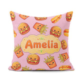 Custom Name Kawaii Burger Fries Fast Food Blush Seamless Pattern Square Filled Cushion Throw Pillow Sofa Bed Home Decor Zip Washable UK Made