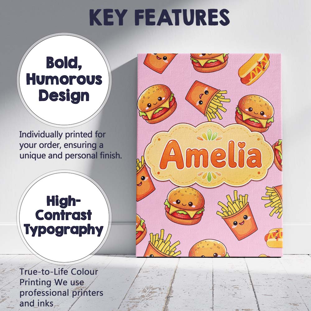 Personalised Name Kawaii Burger Fries Custom Modern Room Accent Creative Decorator Style Canvas Wall Art Print Decor Picture Ready to Hang