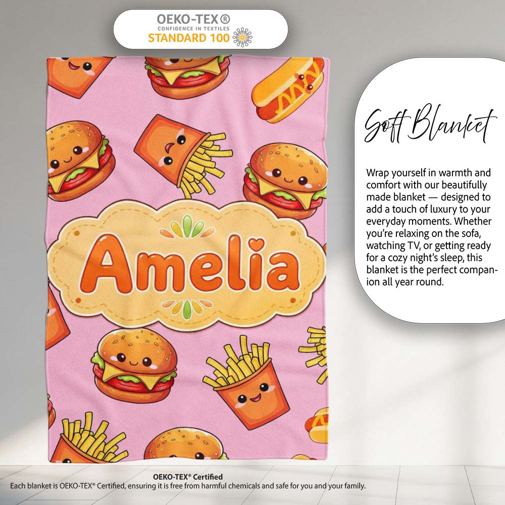 Kawaii Burger Fries Hotdog Fast Food Blush Pink Seamless Pattern  Personalised Custom Name Super Soft Fleece Blanket Bed Sofa Throw