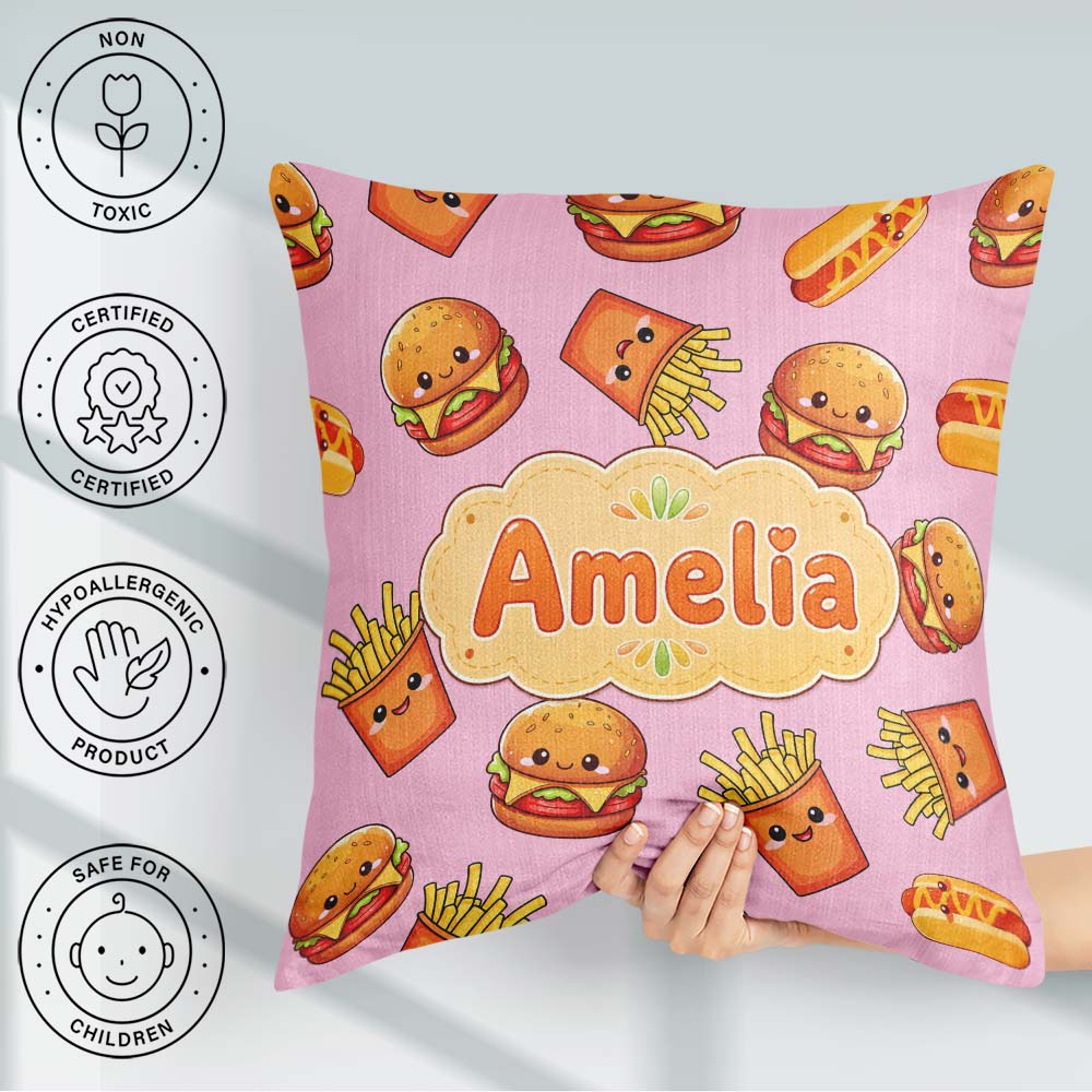 Custom Name Kawaii Burger Fries Fast Food Blush Seamless Pattern Square Filled Cushion Throw Pillow Sofa Bed Home Decor Zip Washable UK Made