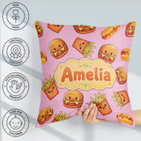 Custom Name Kawaii Burger Fries Fast Food Blush Seamless Pattern Square Filled Cushion Throw Pillow Sofa Bed Home Decor Zip Washable UK Made