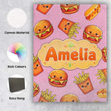 Personalised Name Kawaii Burger Fries Custom Modern Room Accent Creative Decorator Style Canvas Wall Art Print Decor Picture Ready to Hang