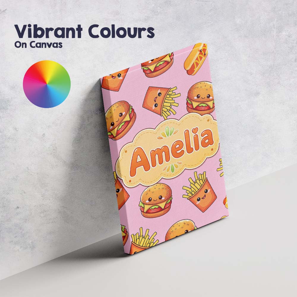 Personalised Name Kawaii Burger Fries Custom Modern Room Accent Creative Decorator Style Canvas Wall Art Print Decor Picture Ready to Hang