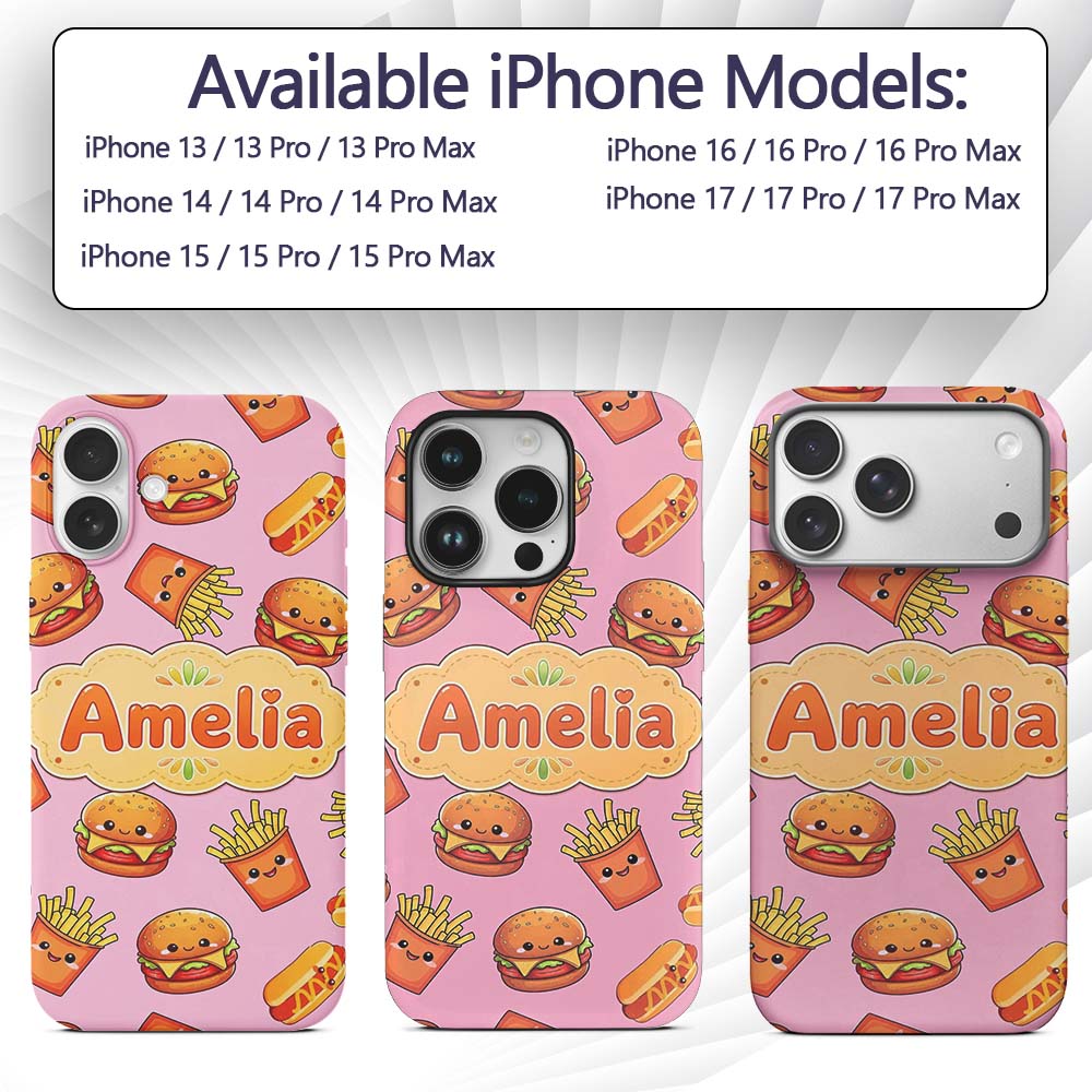 Kawaii Burger Fries Hotdog Fast Food Blush Pink Custom Name Protective Phone Case Mobile Cover Durable Everyday Smartphone Shock Resistant