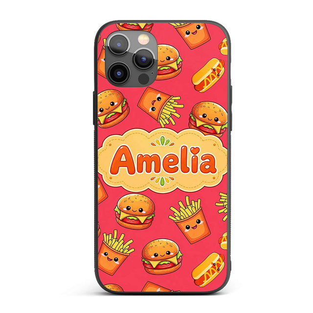 Cute Kawaii Burger Fries Hotdog Fast Food Red Custom Name Protective Phone Case Mobile Cover Durable Everyday Smartphone Shock Resistant
