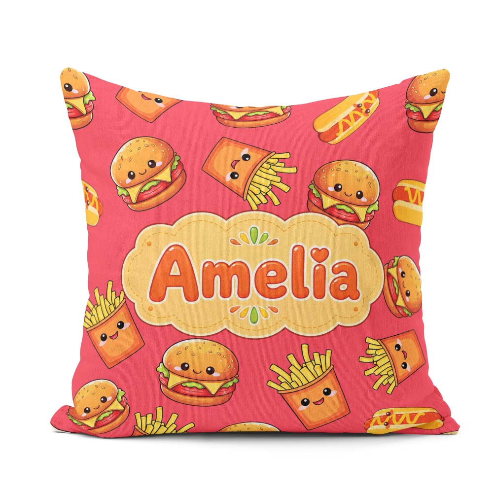 Custom Name Kawaii Burger Fries Hotdog Fast Food Red Background Square Filled Cushion Throw Pillow Sofa Bed Home Decor Zip Washable UK Made