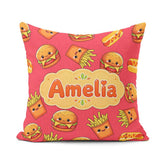 Custom Name Kawaii Burger Fries Hotdog Fast Food Red Background Square Filled Cushion Throw Pillow Sofa Bed Home Decor Zip Washable UK Made