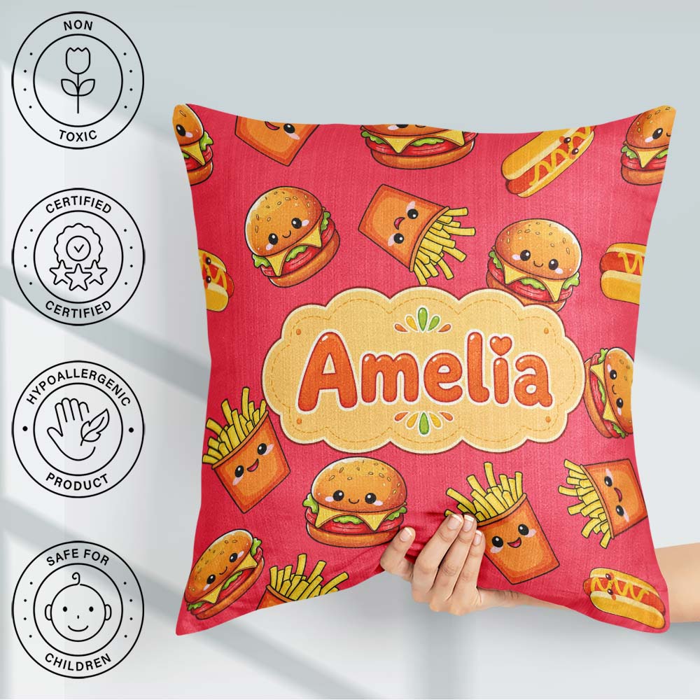 Custom Name Kawaii Burger Fries Hotdog Fast Food Red Background Square Filled Cushion Throw Pillow Sofa Bed Home Decor Zip Washable UK Made