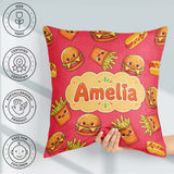 Custom Name Kawaii Burger Fries Hotdog Fast Food Red Background Square Filled Cushion Throw Pillow Sofa Bed Home Decor Zip Washable UK Made