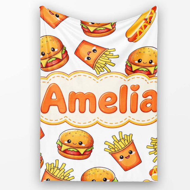 Cute Kawaii Burger Fries Hotdog Fast Food White Background Seamless  Personalised Custom Name Super Soft Fleece Blanket Bed Sofa Throw