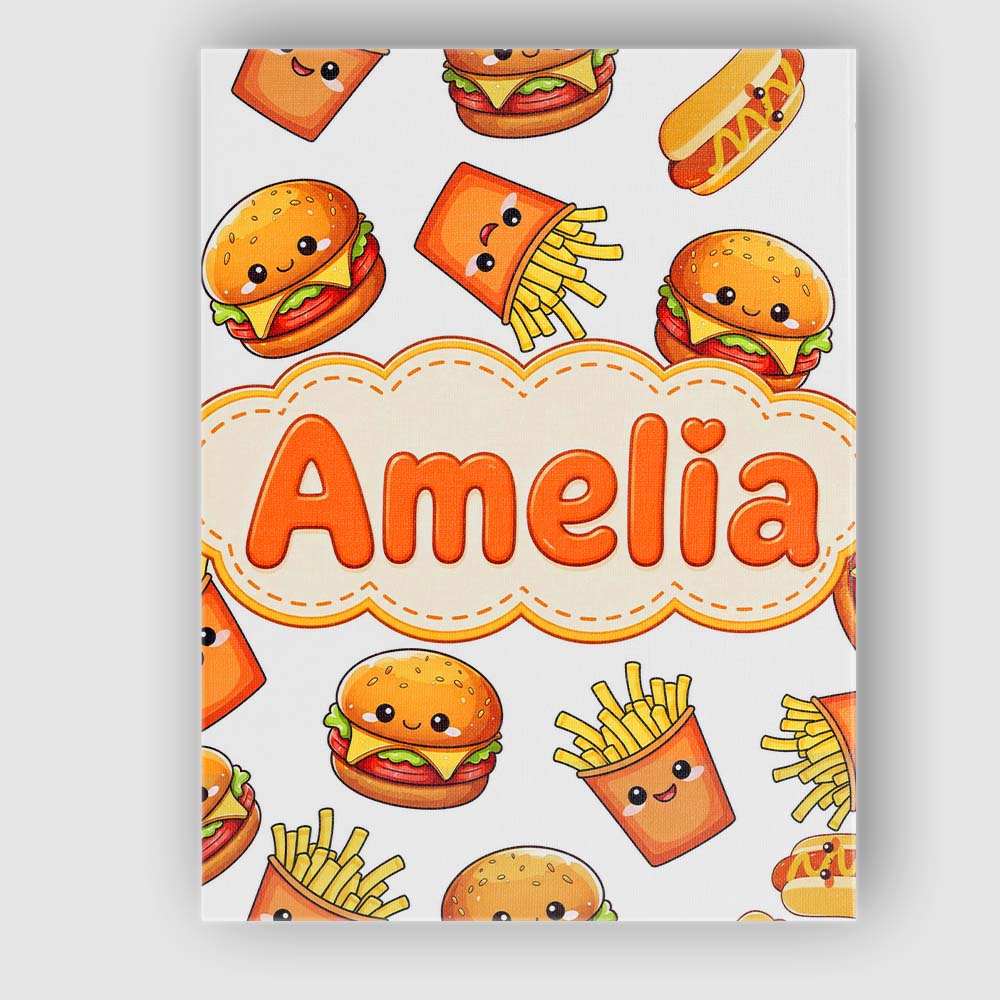 Personalised Name Cute Kawaii Burger Fries Custom  Unique Gift Idea Elegant Feature Canvas Wall Art Print Decor Picture Ready to Hang