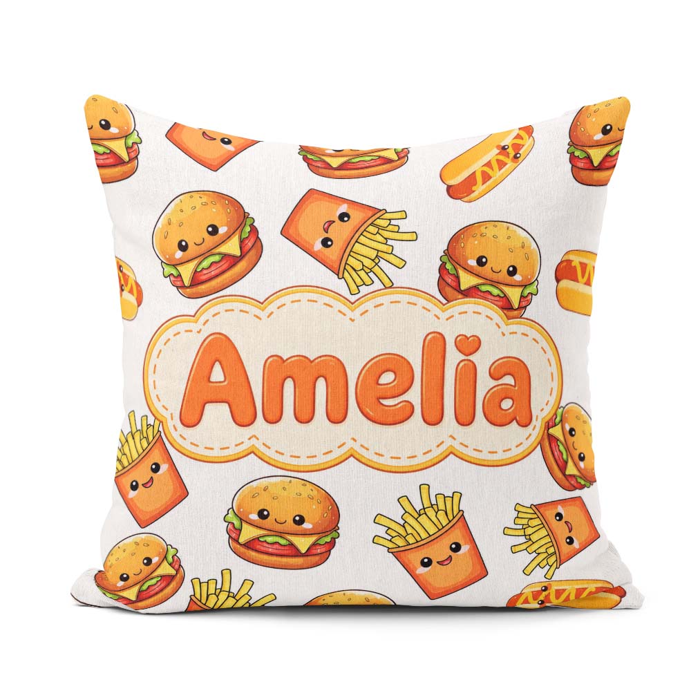 Custom Name Kawaii Burger Fries Hotdog Fast Food White Seamless Square Filled Cushion Throw Pillow Sofa Bed Home Decor Zip Washable UK Made