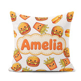 Custom Name Kawaii Burger Fries Hotdog Fast Food White Seamless Square Filled Cushion Throw Pillow Sofa Bed Home Decor Zip Washable UK Made