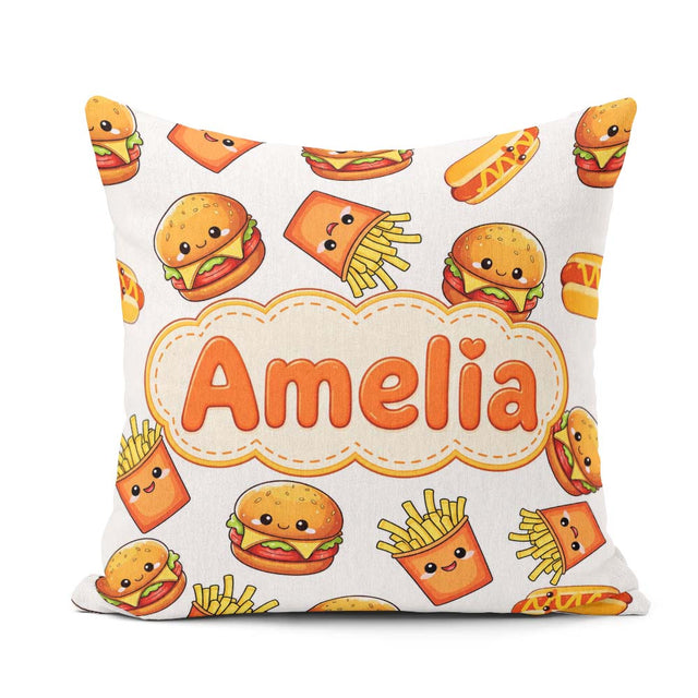 Custom Name Kawaii Burger Fries Hotdog Fast Food White Seamless Square Filled Cushion Throw Pillow Sofa Bed Home Decor Zip Washable UK Made