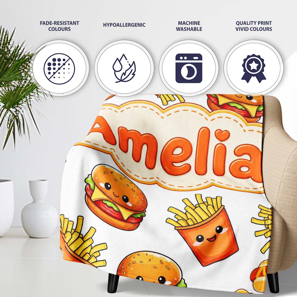 Cute Kawaii Burger Fries Hotdog Fast Food White Background Seamless  Personalised Custom Name Super Soft Fleece Blanket Bed Sofa Throw
