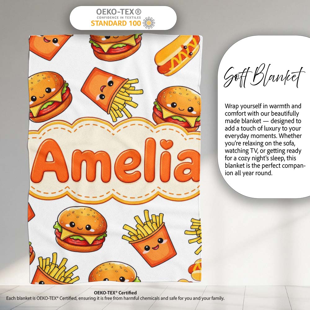 Cute Kawaii Burger Fries Hotdog Fast Food White Background Seamless  Personalised Custom Name Super Soft Fleece Blanket Bed Sofa Throw