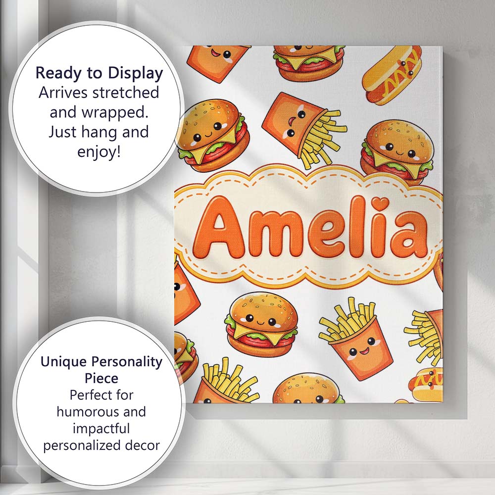 Personalised Name Cute Kawaii Burger Fries Custom  Unique Gift Idea Elegant Feature Canvas Wall Art Print Decor Picture Ready to Hang