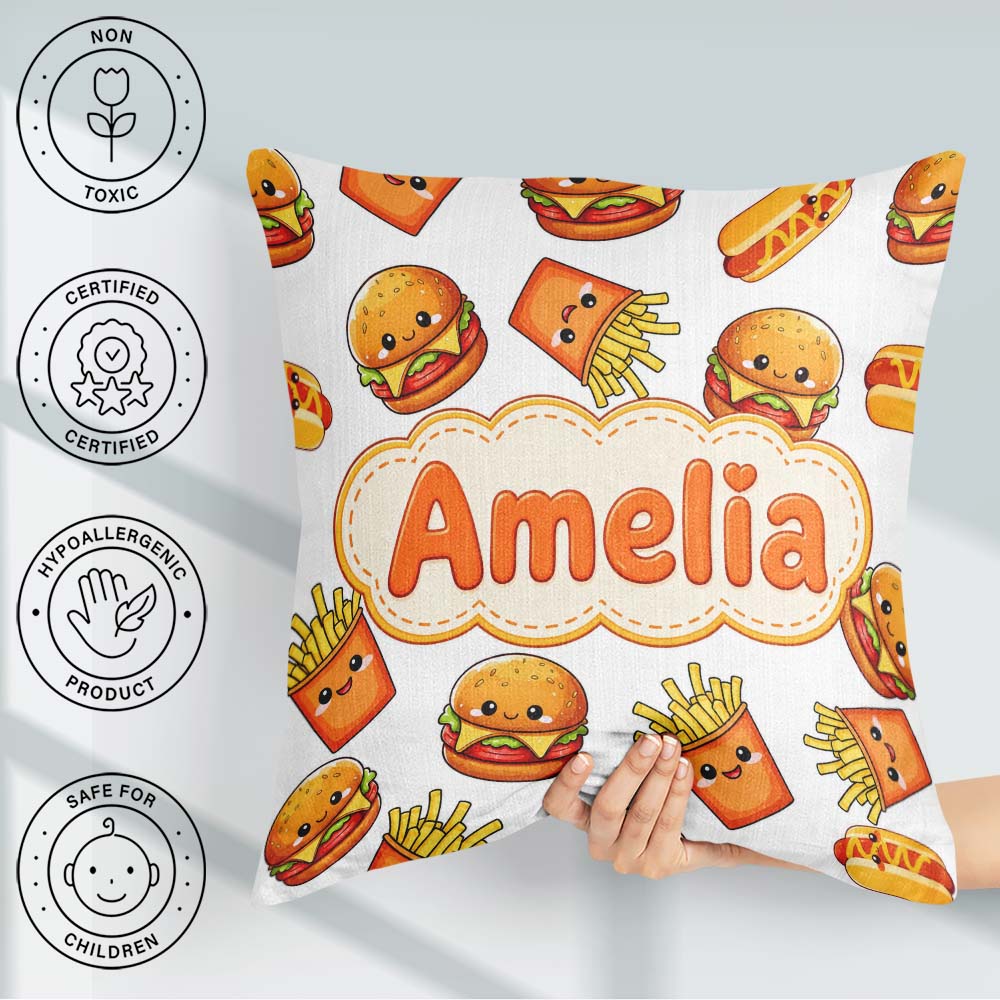 Custom Name Kawaii Burger Fries Hotdog Fast Food White Seamless Square Filled Cushion Throw Pillow Sofa Bed Home Decor Zip Washable UK Made