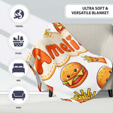 Cute Kawaii Burger Fries Hotdog Fast Food White Background Seamless  Personalised Custom Name Super Soft Fleece Blanket Bed Sofa Throw