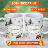 Personalized Custom Name Cute Woodland Forest Animals Bear Bunny Deer on Cream Background 11oz Ceramic Coffee Tea Mug White Large Handle