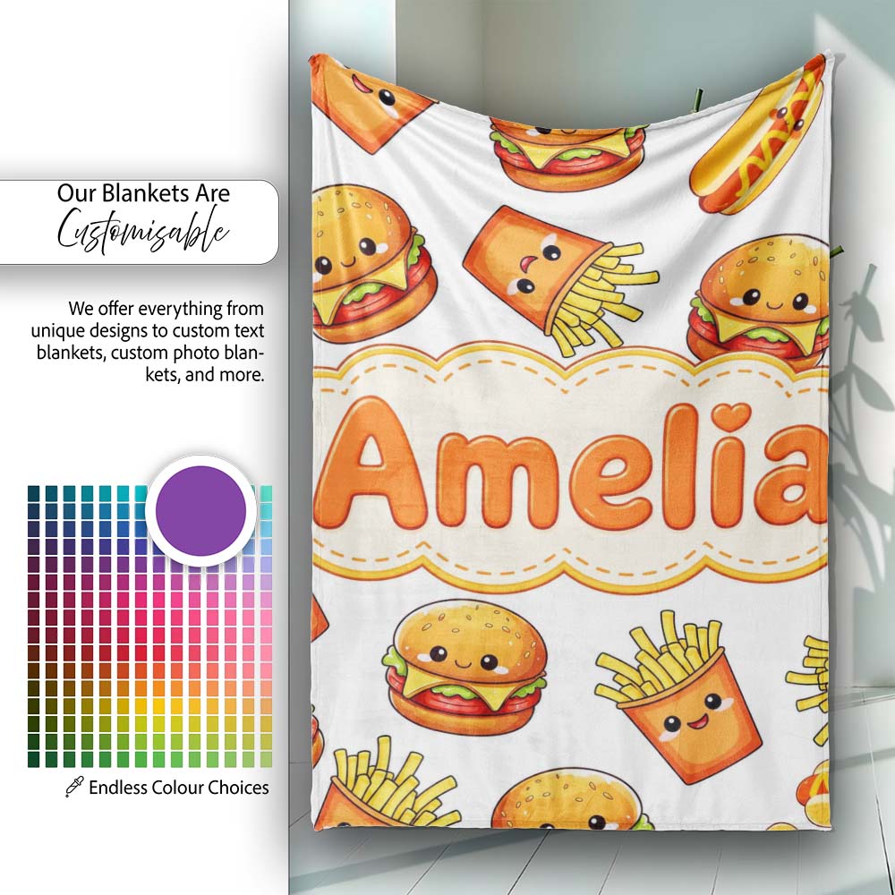 Cute Kawaii Burger Fries Hotdog Fast Food White Background Seamless  Personalised Custom Name Super Soft Fleece Blanket Bed Sofa Throw