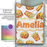 Cute Kawaii Burger Fries Hotdog Fast Food White Background Seamless  Personalised Custom Name Super Soft Fleece Blanket Bed Sofa Throw