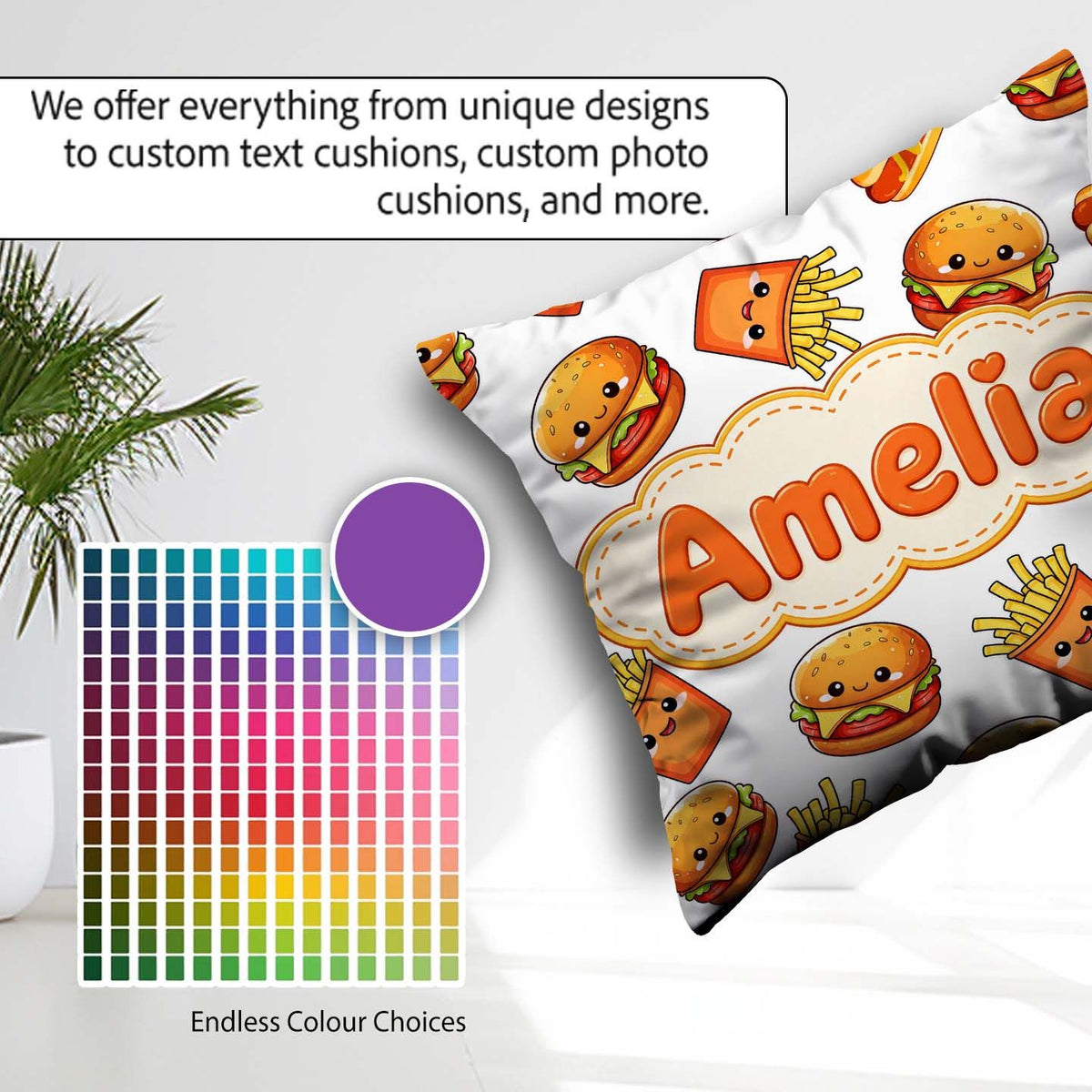 Custom Name Kawaii Burger Fries Hotdog Fast Food White Seamless Square Filled Cushion Throw Pillow Sofa Bed Home Decor Zip Washable UK Made