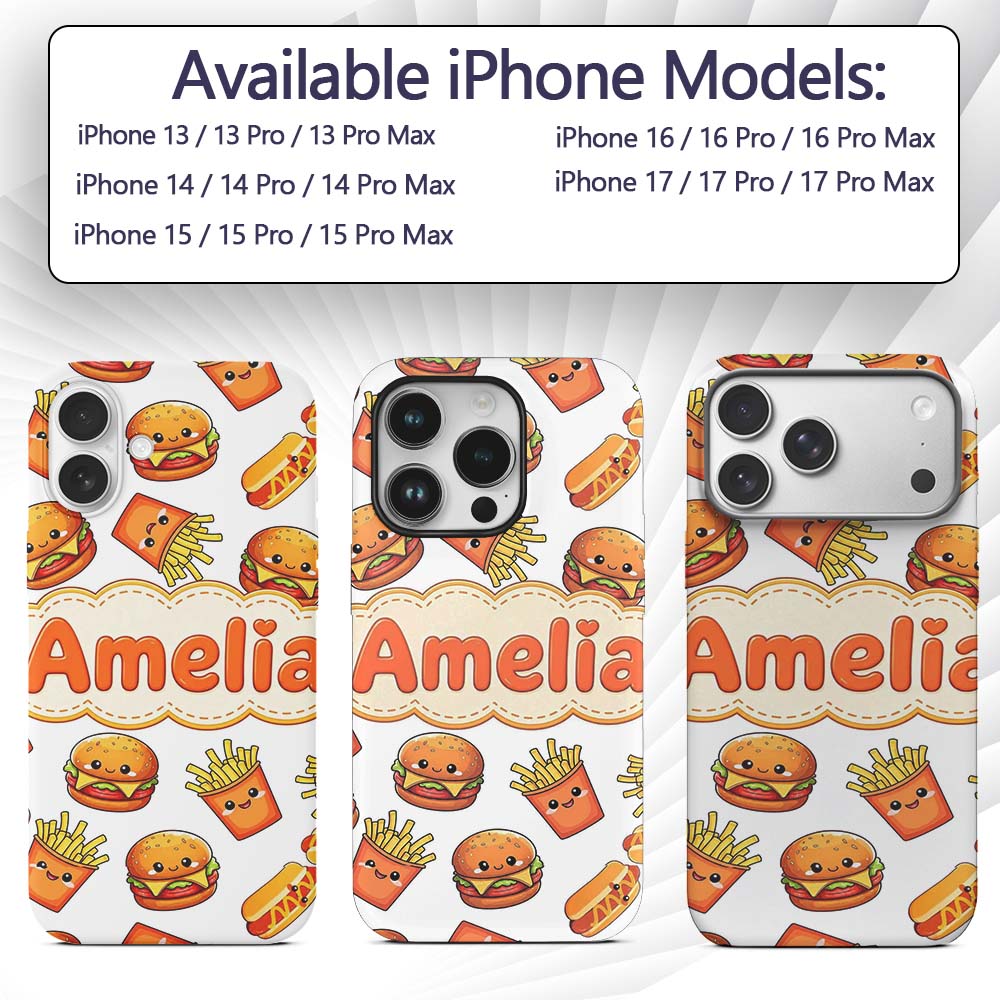 Cute Kawaii Burger Fries Hotdog Fast Food White Custom Name Protective Phone Case Mobile Cover Durable Everyday Smartphone Shock Resistant