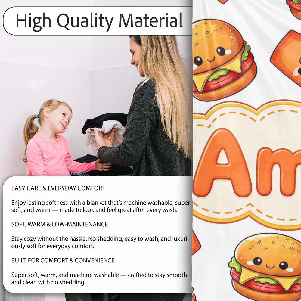 Cute Kawaii Burger Fries Hotdog Fast Food White Background Seamless  Personalised Custom Name Super Soft Fleece Blanket Bed Sofa Throw