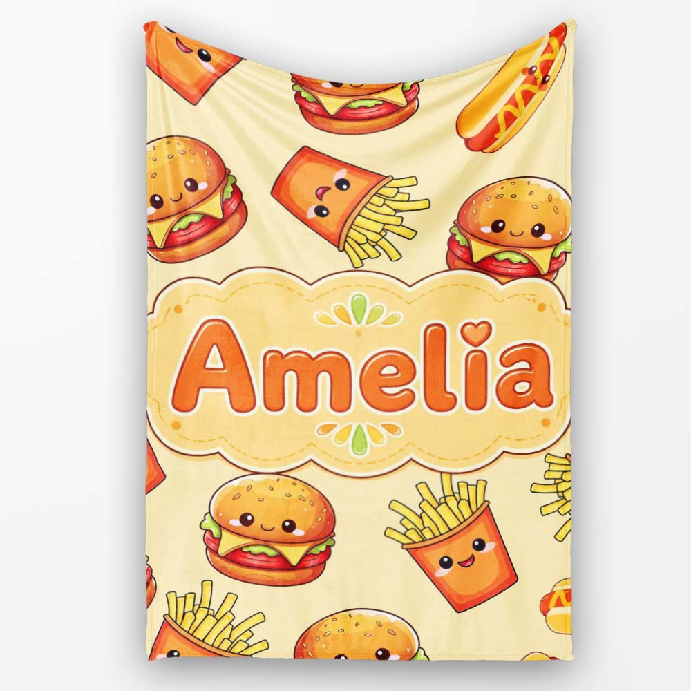 Cute Kawaii Burger Fries Hotdog Fast Food Yellow Background  Personalised Custom Name Super Soft Fleece Blanket Bed Sofa Throw