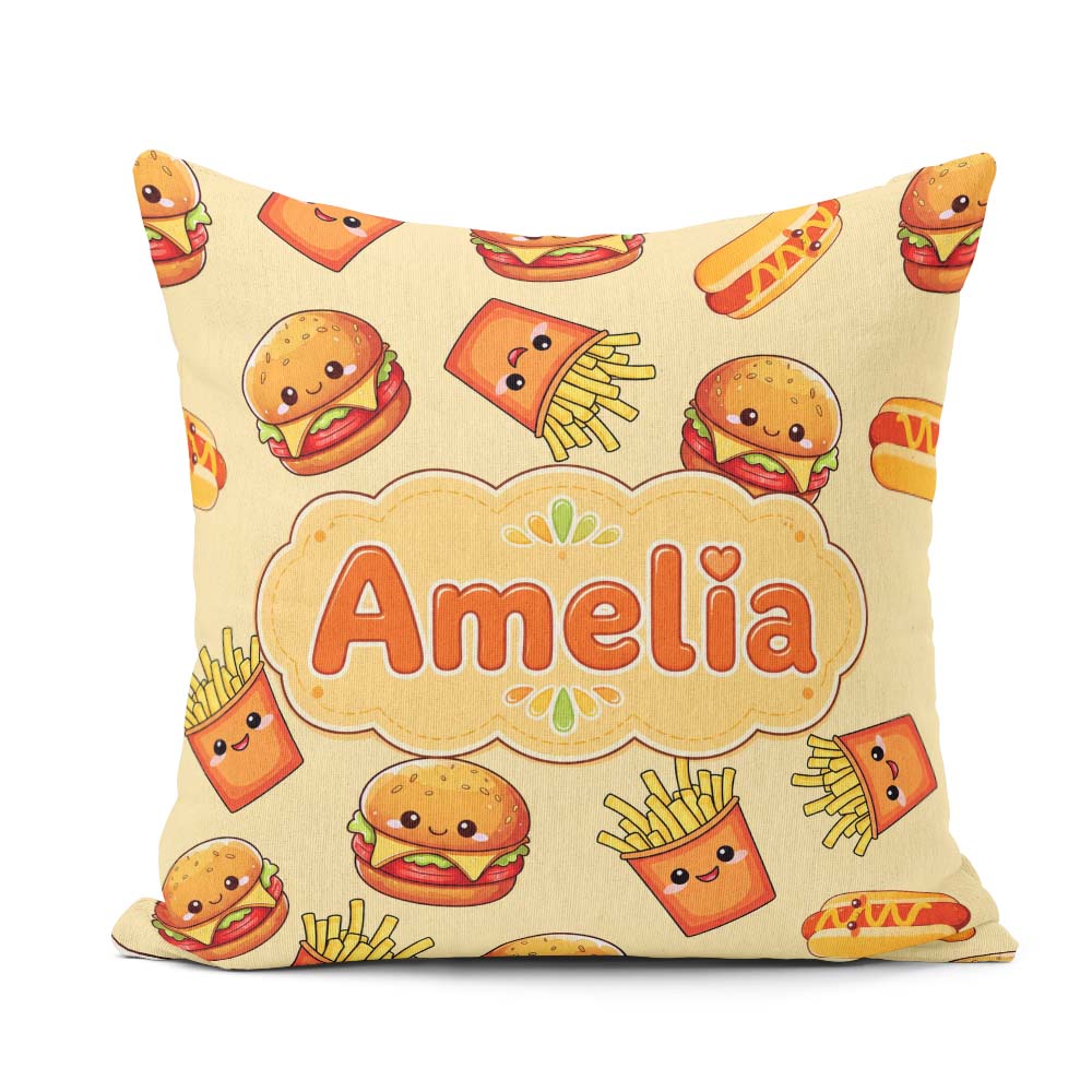 Custom Name Cute Kawaii Burger Fries Hotdog Fast Food Background Square Filled Cushion Throw Pillow Sofa Bed Home Decor Zip Washable UK Made