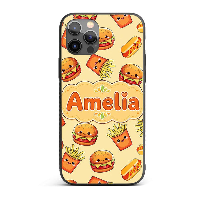 Cute Kawaii Burger Fries Hotdog Fast Food Yellow Custom Name Protective Phone Case Mobile Cover Durable Everyday Smartphone Shock Resistant