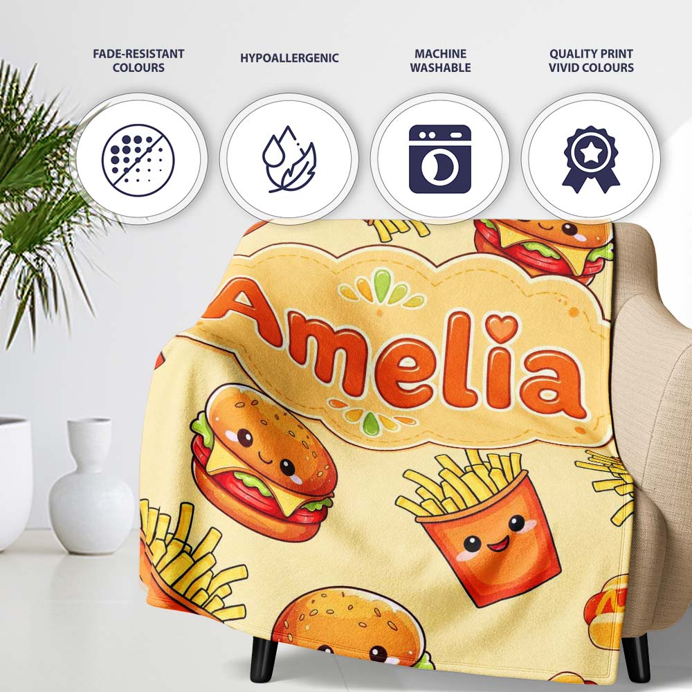 Cute Kawaii Burger Fries Hotdog Fast Food Yellow Background  Personalised Custom Name Super Soft Fleece Blanket Bed Sofa Throw