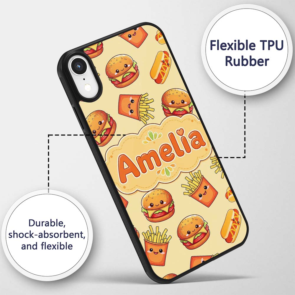 Cute Kawaii Burger Fries Hotdog Fast Food Yellow Custom Name Protective Phone Case Mobile Cover Durable Everyday Smartphone Shock Resistant
