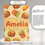 Cute Kawaii Burger Fries Hotdog Fast Food Yellow Background  Personalised Custom Name Super Soft Fleece Blanket Bed Sofa Throw